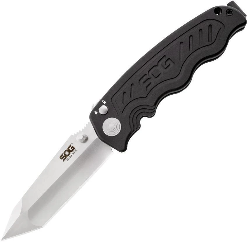 SOG Zoom Mini A/O Folding Satin Tanto Blade Plungelock Black Handle Knife 00062