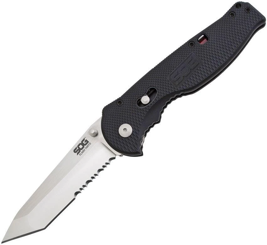 SOG Flash II Piston Lock A/O Tanto Stainless Serrated Folding BLK Knife FSAT98CP
