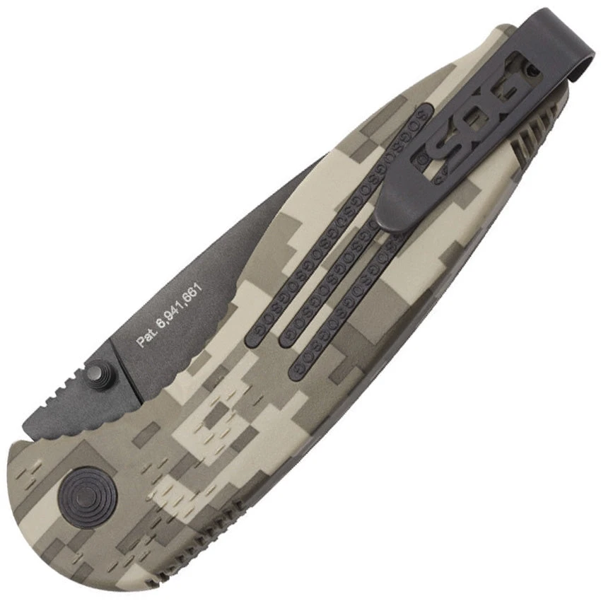 SOG Aegis A/O Assisted Piston Lock Digital Camo AUS-8 Black Folding Knife AE06CP - Image 2